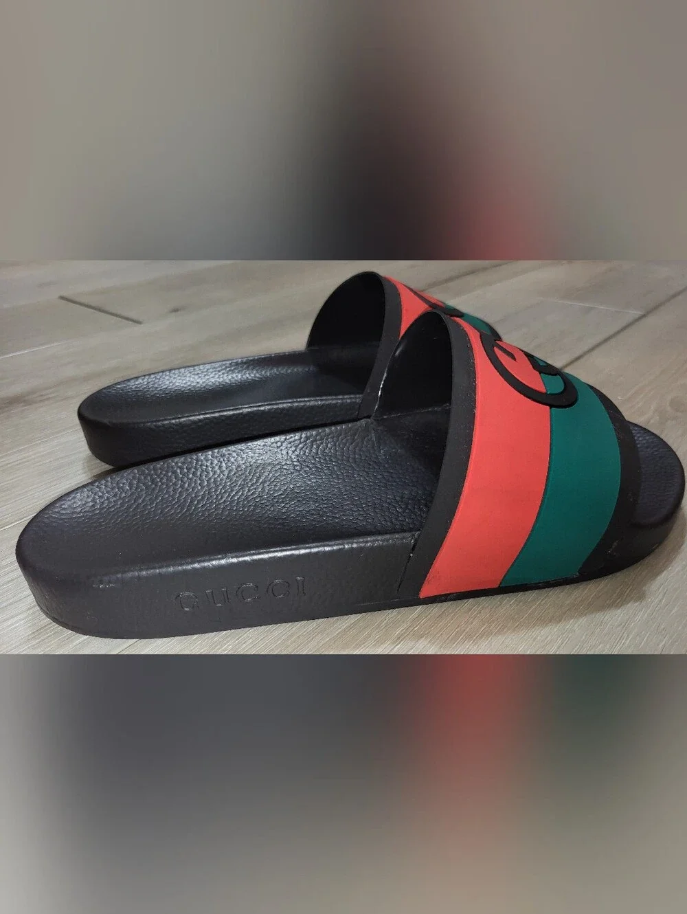 🌀 Gucci Black Slide Sandals w/Red Green Stripes & Gucci Hat Combo